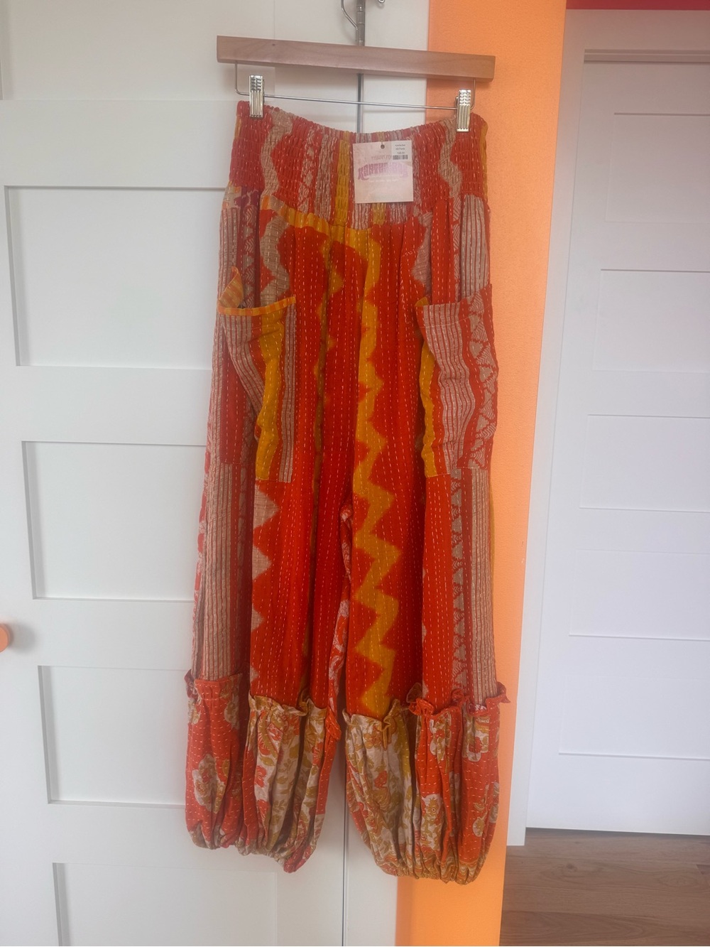 Kantha Bae Boho Wide-Leg Orange Patchwork Harem Pants